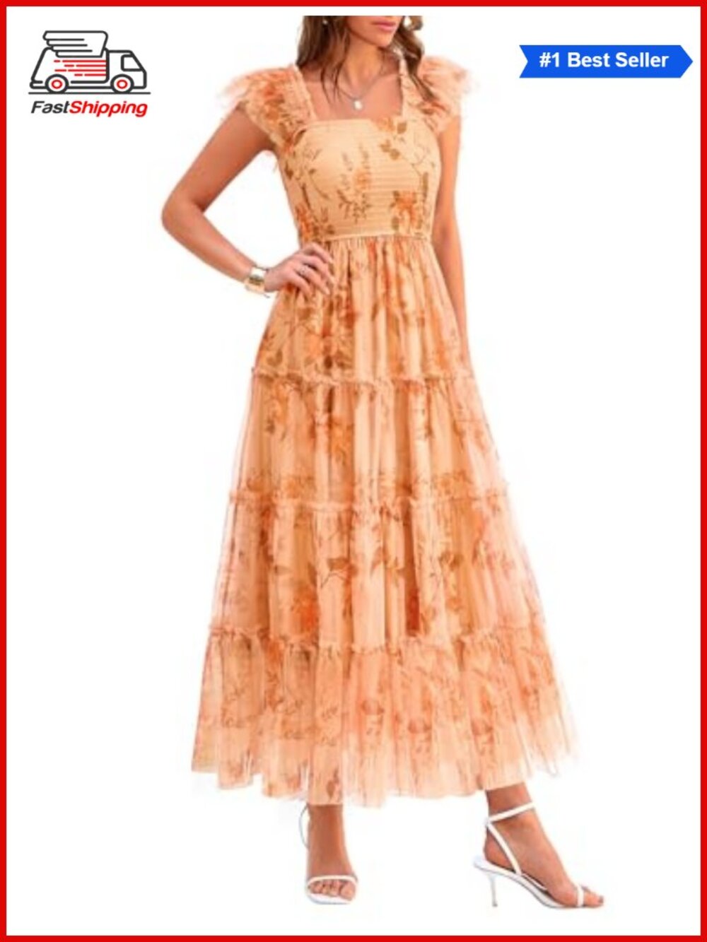 ✨ Women's Summer Smocked Midi Tulle Dress Sleeveless Square Neck Fit Flare